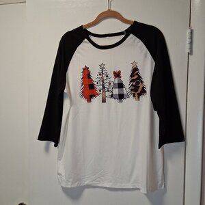 Plaid Leopard Christmas Tree Print T Shirt 3/4 Sleeves NEW